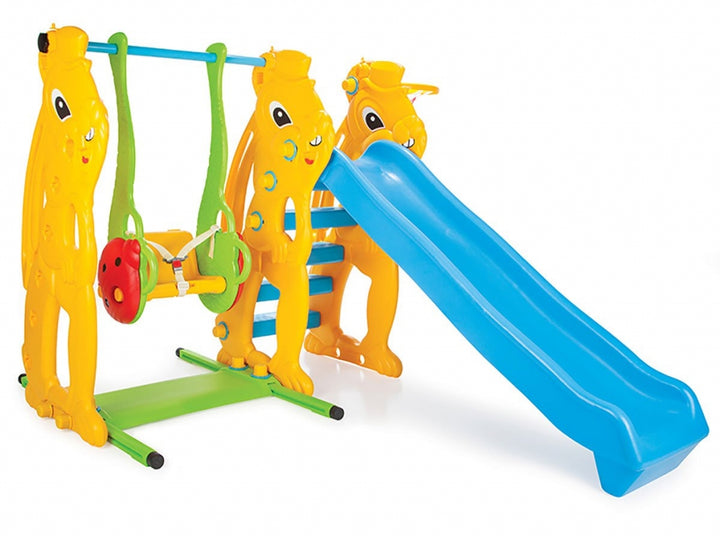 Children's playground equipment with slides and swings on a white background