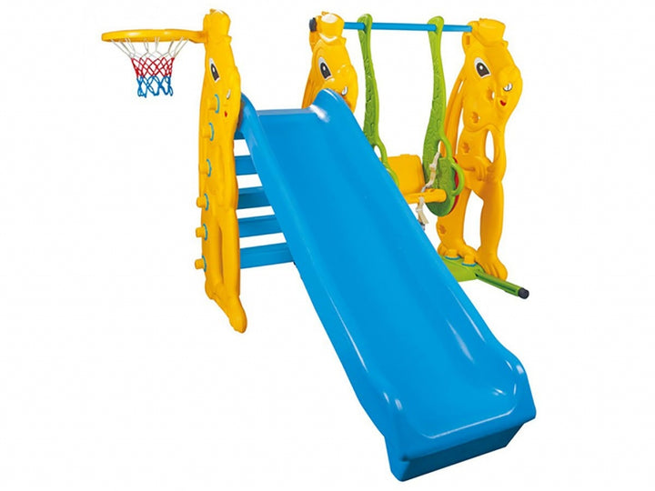 Children's playground slide with climbing structure on a white background