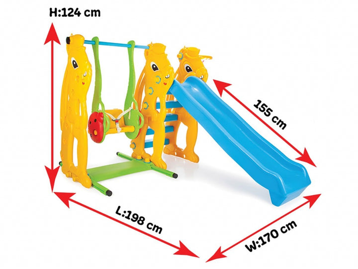 Children's playground set with dimensions labeled on a white background