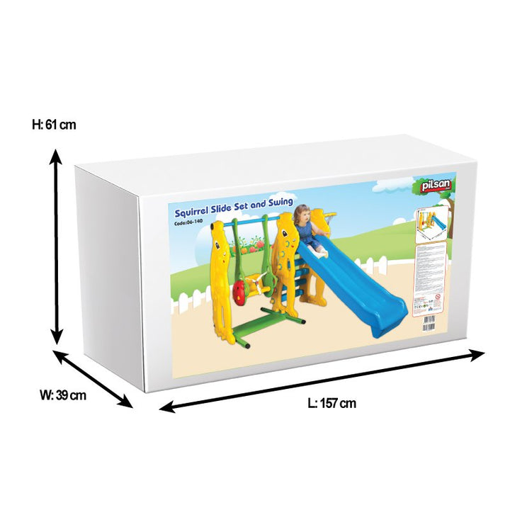 Pilsan Squirrel Slide Set and Swing packaging with dimensions on a white background