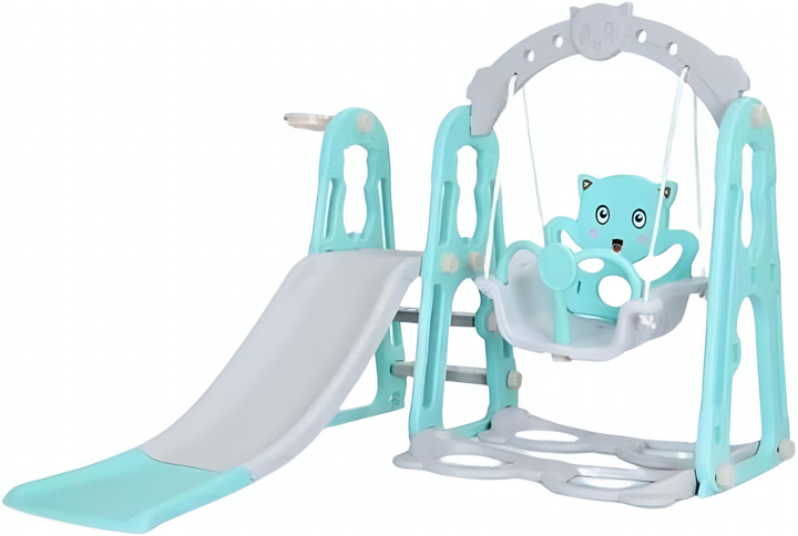 Children's swing set with slide and cat-shaped seat on a white background