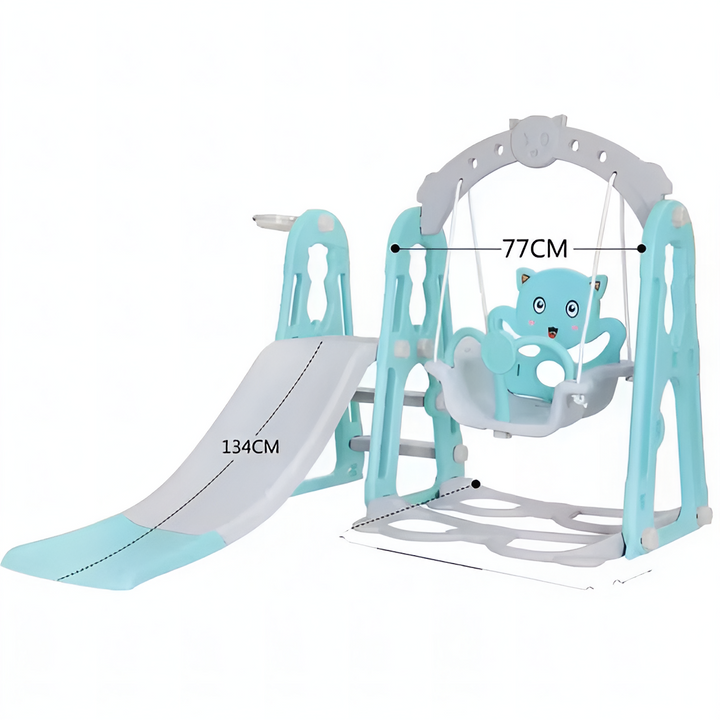 Children's swing set with slide, measurements indicated, on a white background