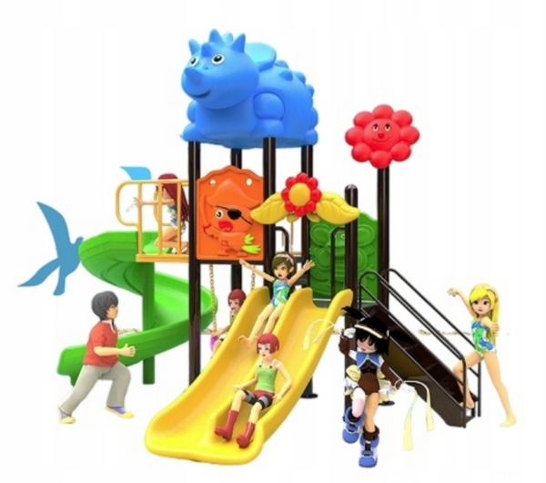 Colorful playground structure with slides and climbing areas, featuring cartoon-like figures on a white background.