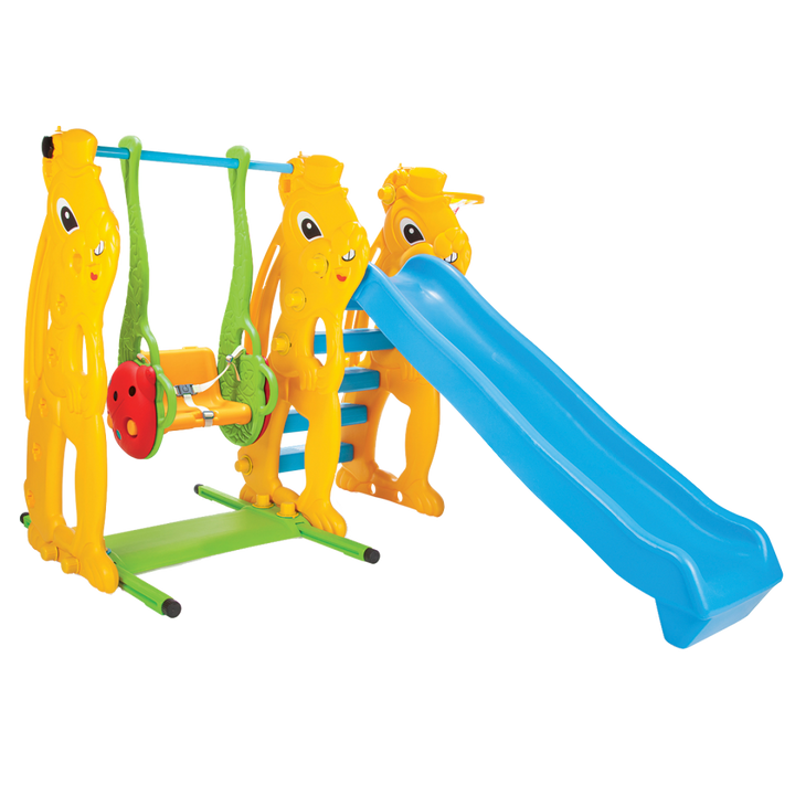 Colorful playground structure with slides and swings on a white background