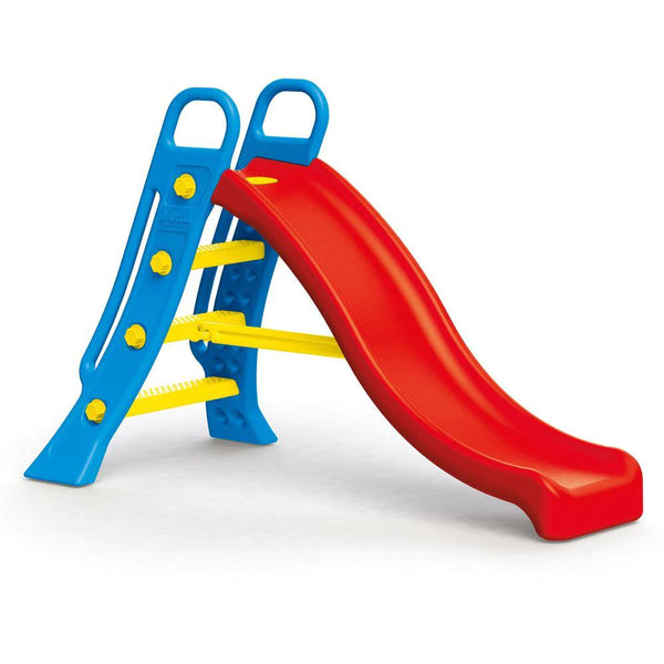 A colorful children's water slide with blue, red, and yellow components, featuring a sliding surface and safety grips.