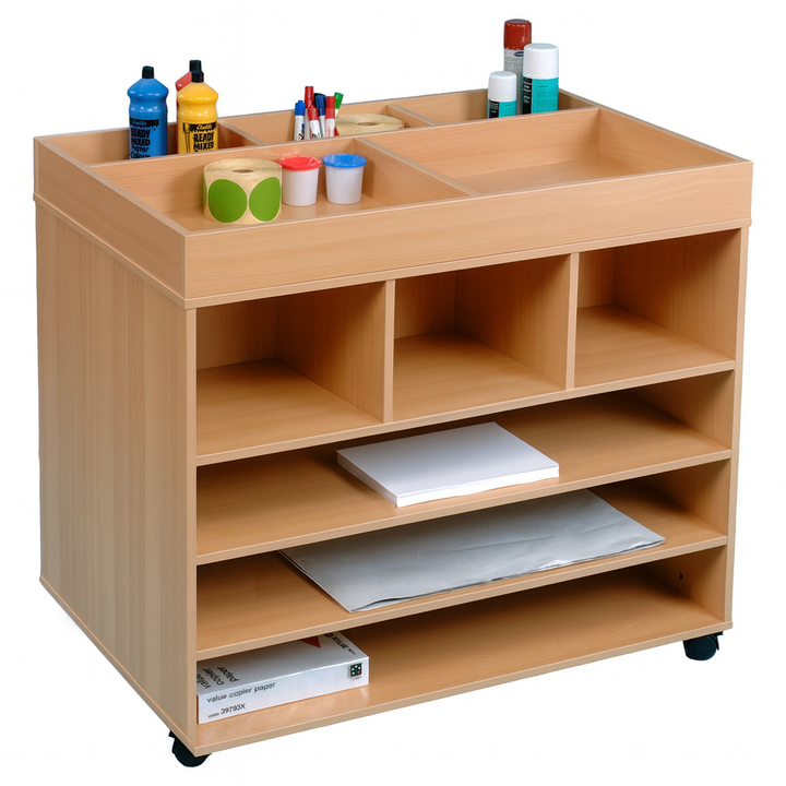 Wooden storage cart with shelves and a top compartment containing various items on a white background.
