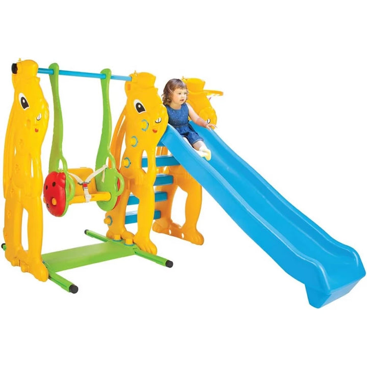 Children's playground set with slide and swing on a white background