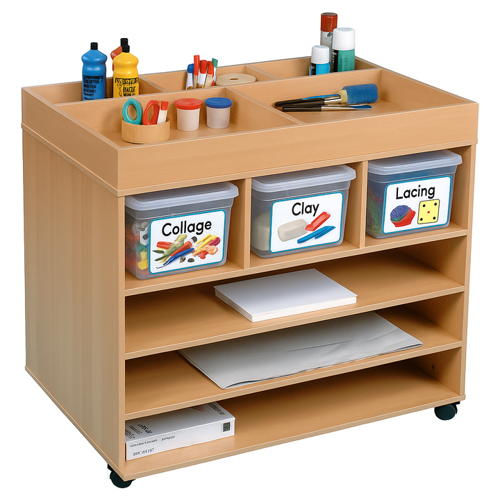 Wooden educational cart with storage bins and art supplies on a white background