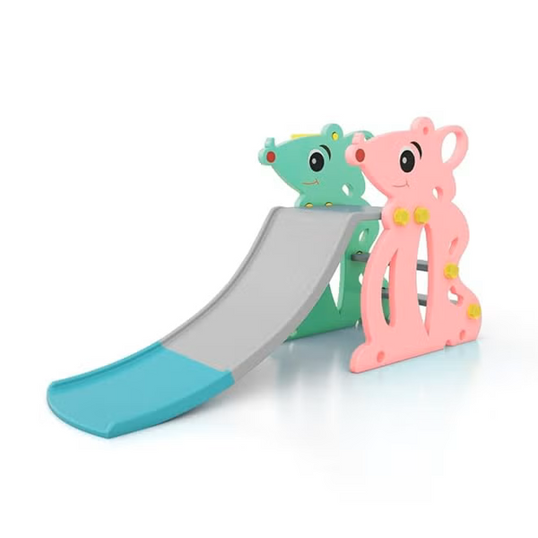 Toy slide with two colorful animal figures on a white background