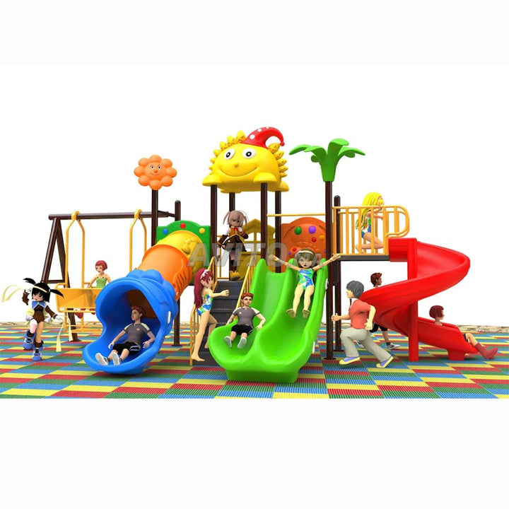 Colorful playground with slides and climbing structures on a checkered floor.