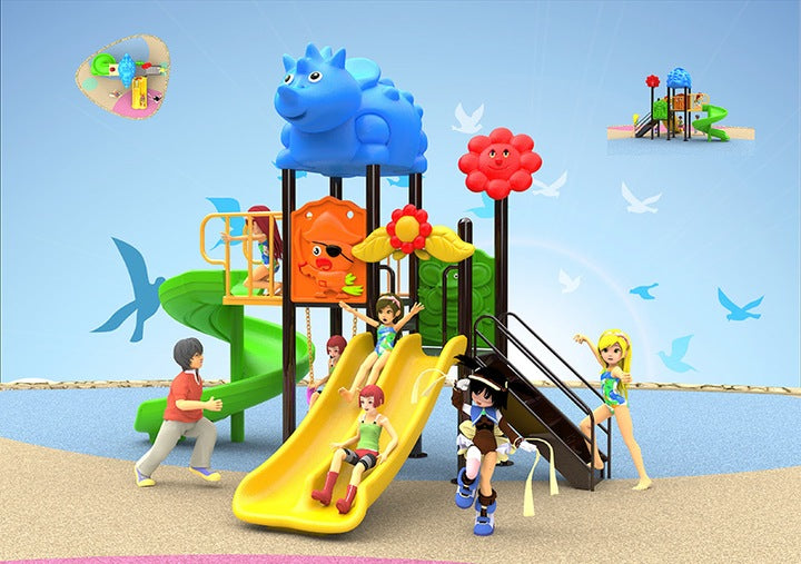 Children's playground with colorful slides and climbing structures against a blue sky.