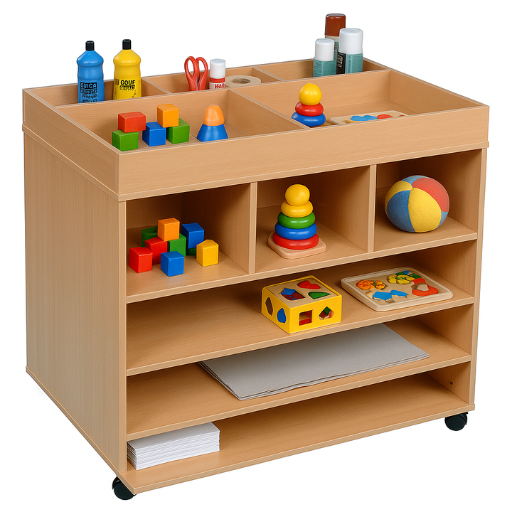 Wooden toy shelf with colorful children's toys on a white background