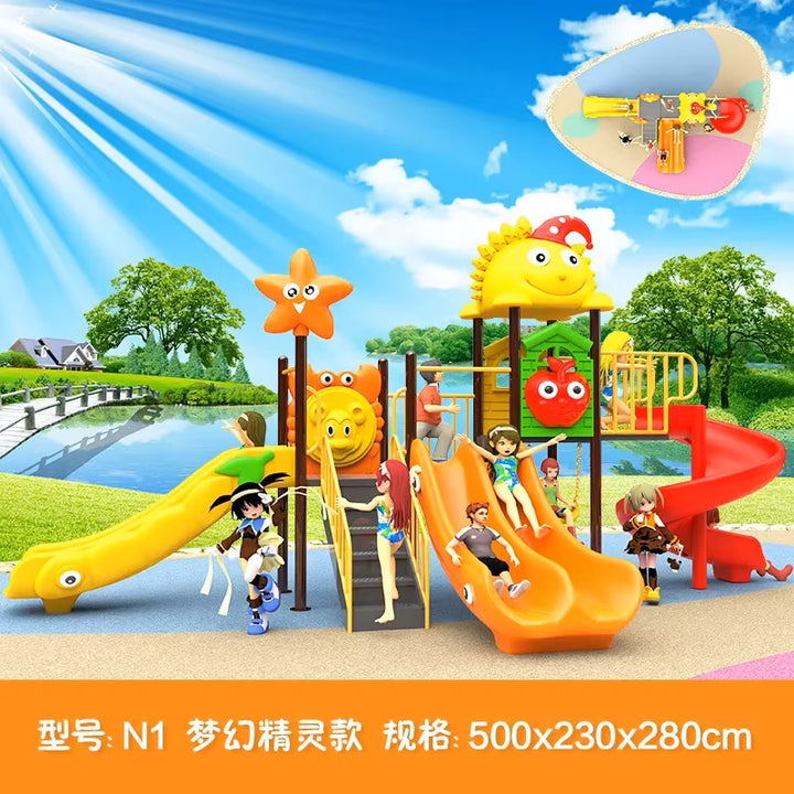 Children playing on a colorful playground structure with slides and climbing areas in a park setting.