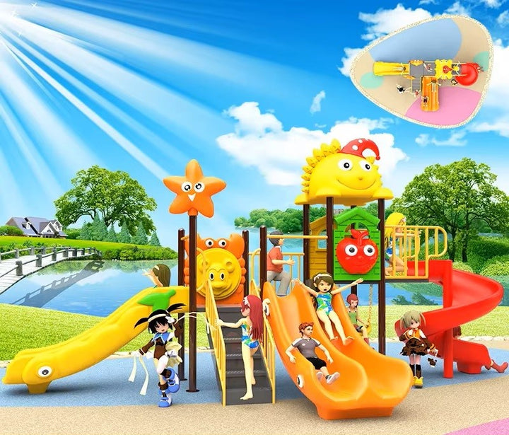 Colorful playground with slides and climbing structures against a blue sky.
