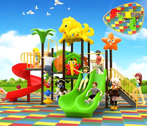 Colorful playground with slides and climbing structures on a checkered floor.
