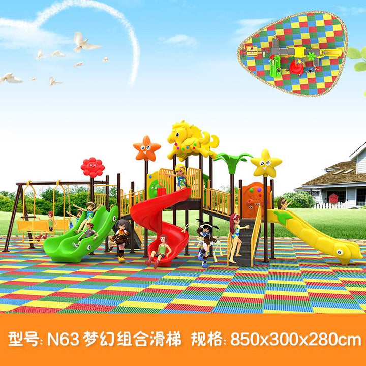 Colorful playground with slides and climbing structures on a sunny day.