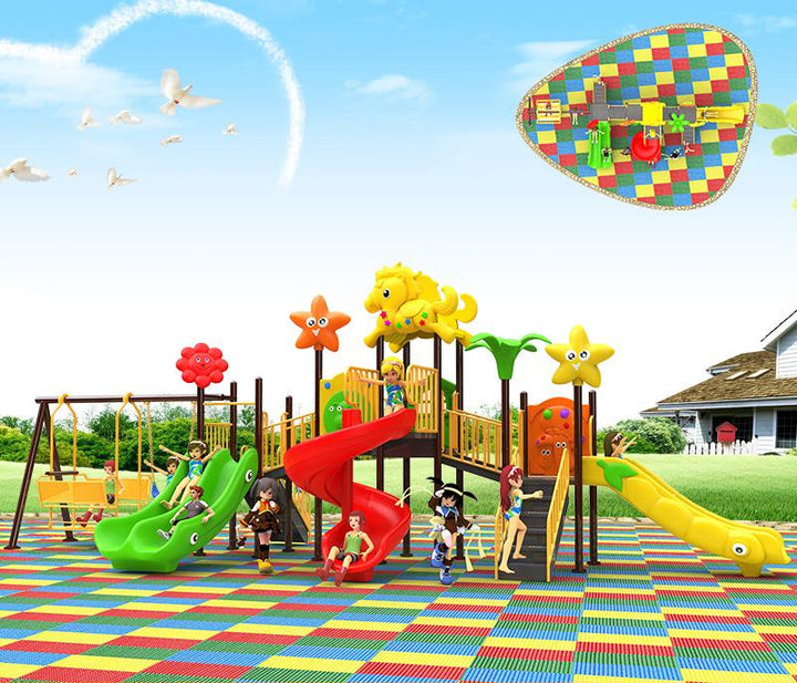 Colorful playground with slides and climbing structures on a sunny day.